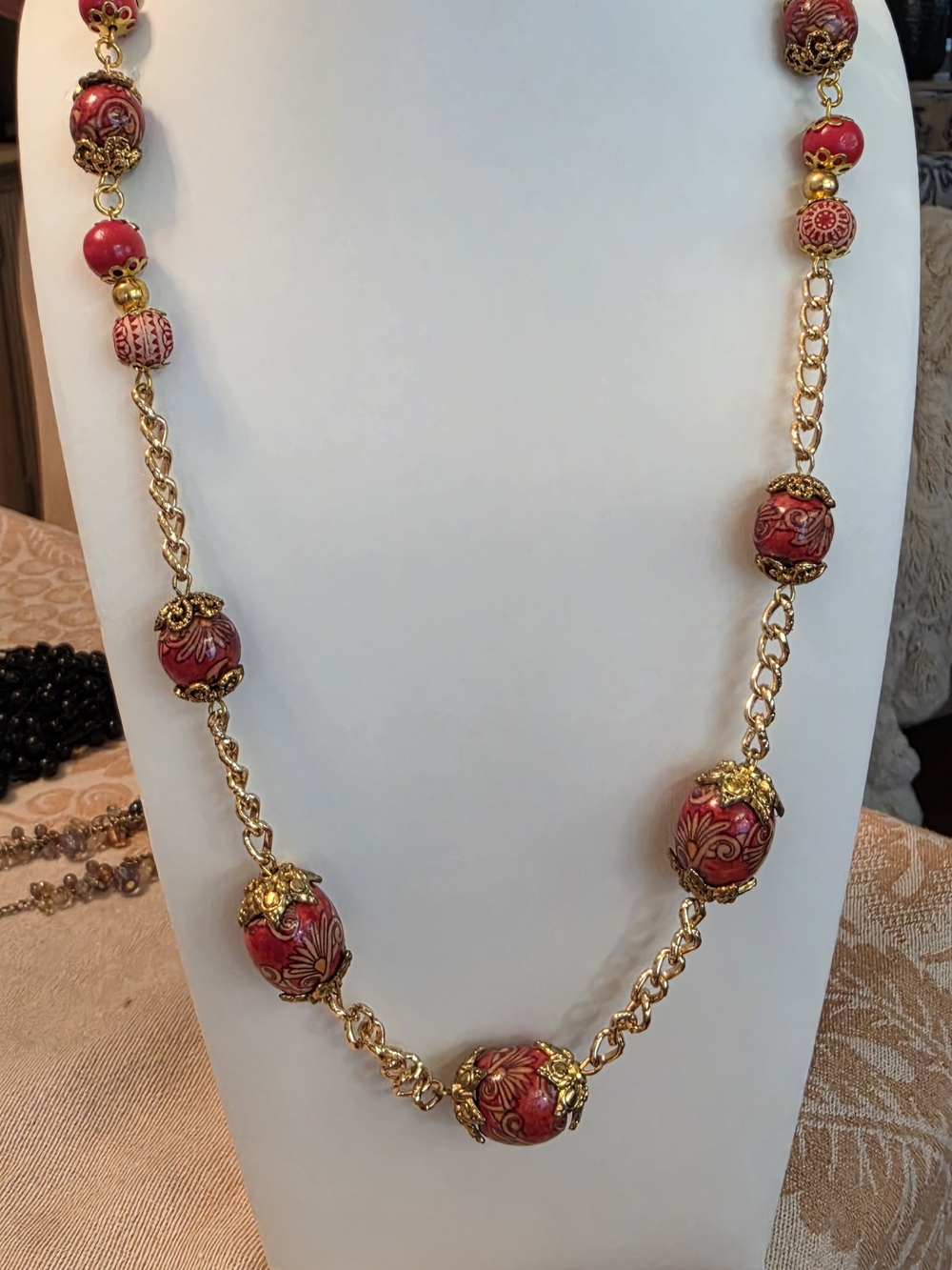 Gold Chain Necklace with Red Floral Beads